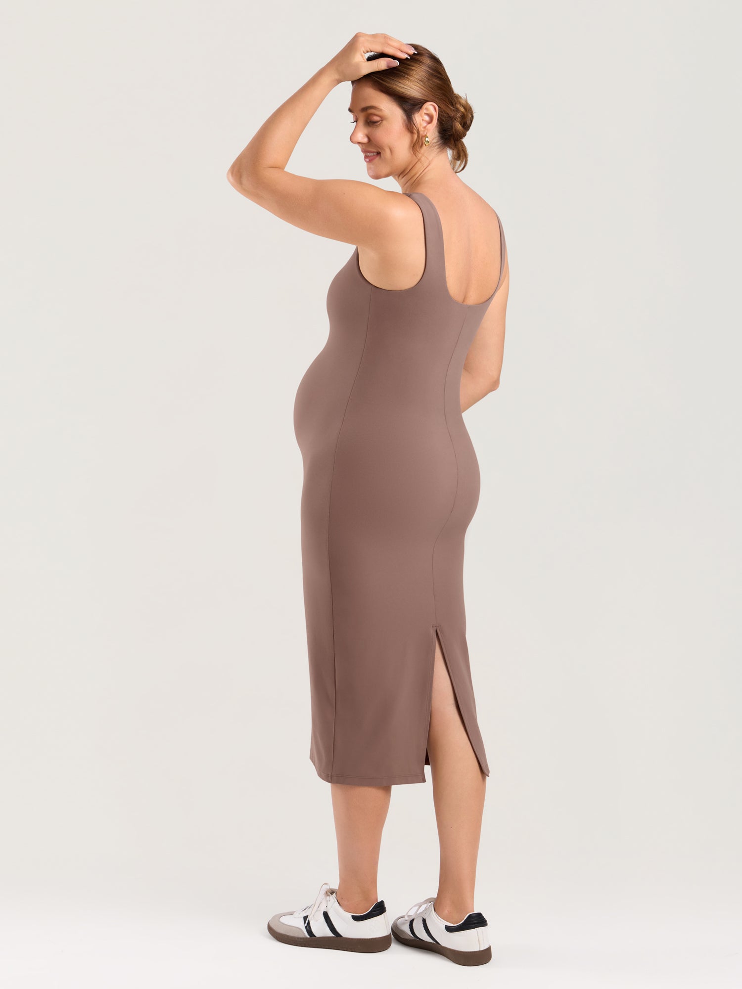 Natrelax® Bodycon Maternity Midi Dress - Back Slit Brown Purple