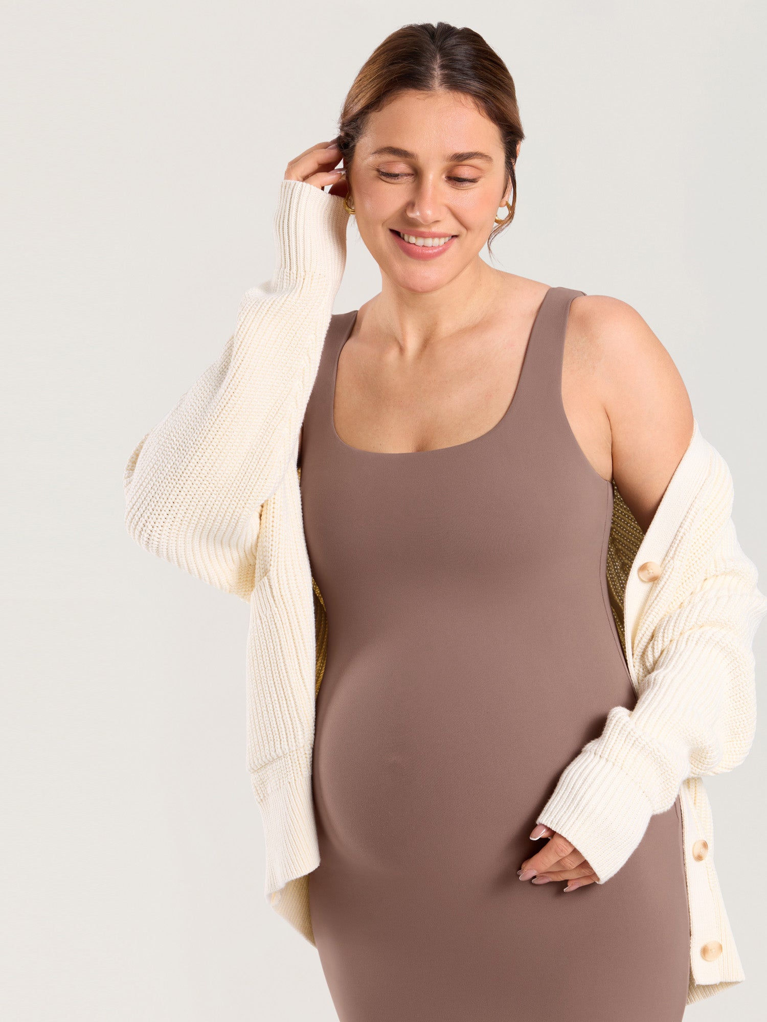 Natrelax® Bodycon Maternity Midi Dress - Back Slit Brown Purple