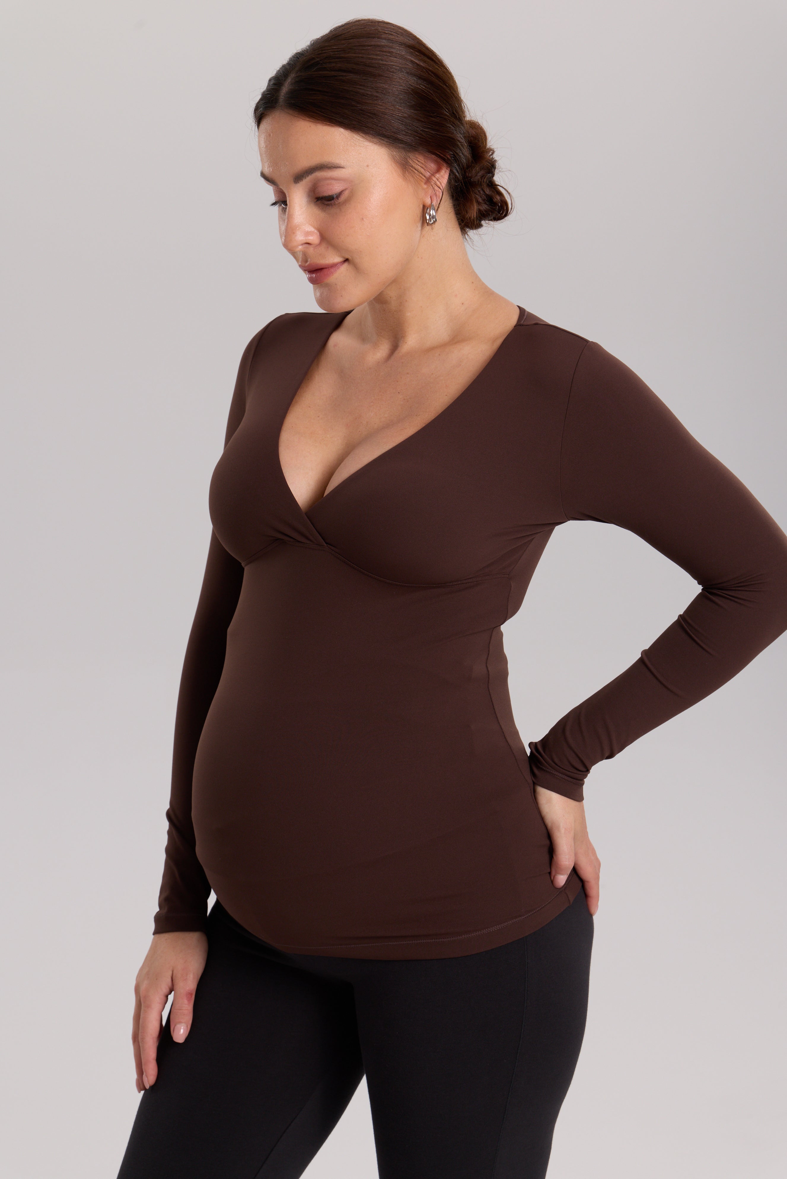 AirSoft Crossover Maternity & Nursing Top - Long Sleeves Hot Fudge Brown