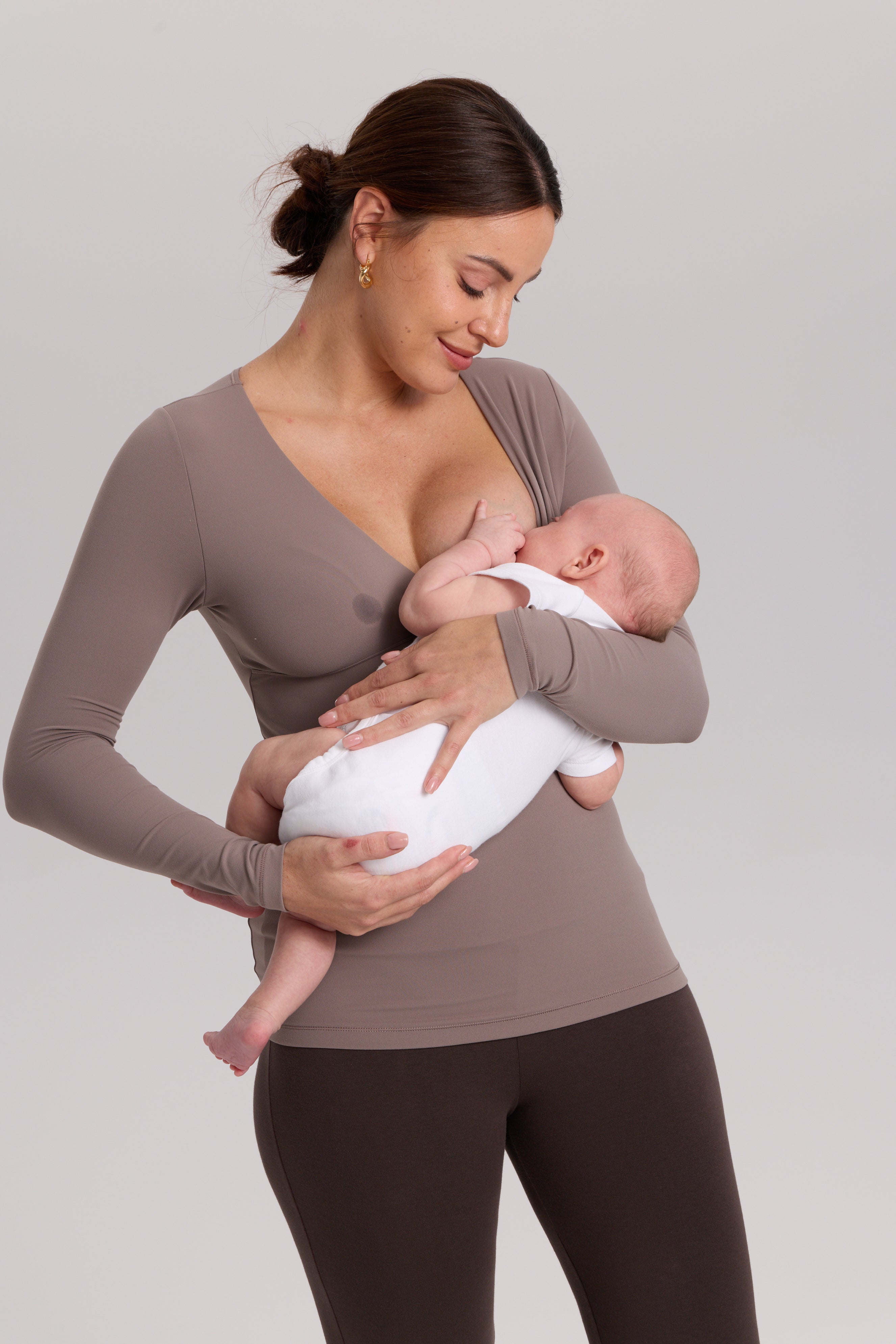 AirSoft Crossover Maternity & Nursing Top - Long Sleeves Khaki Taupe