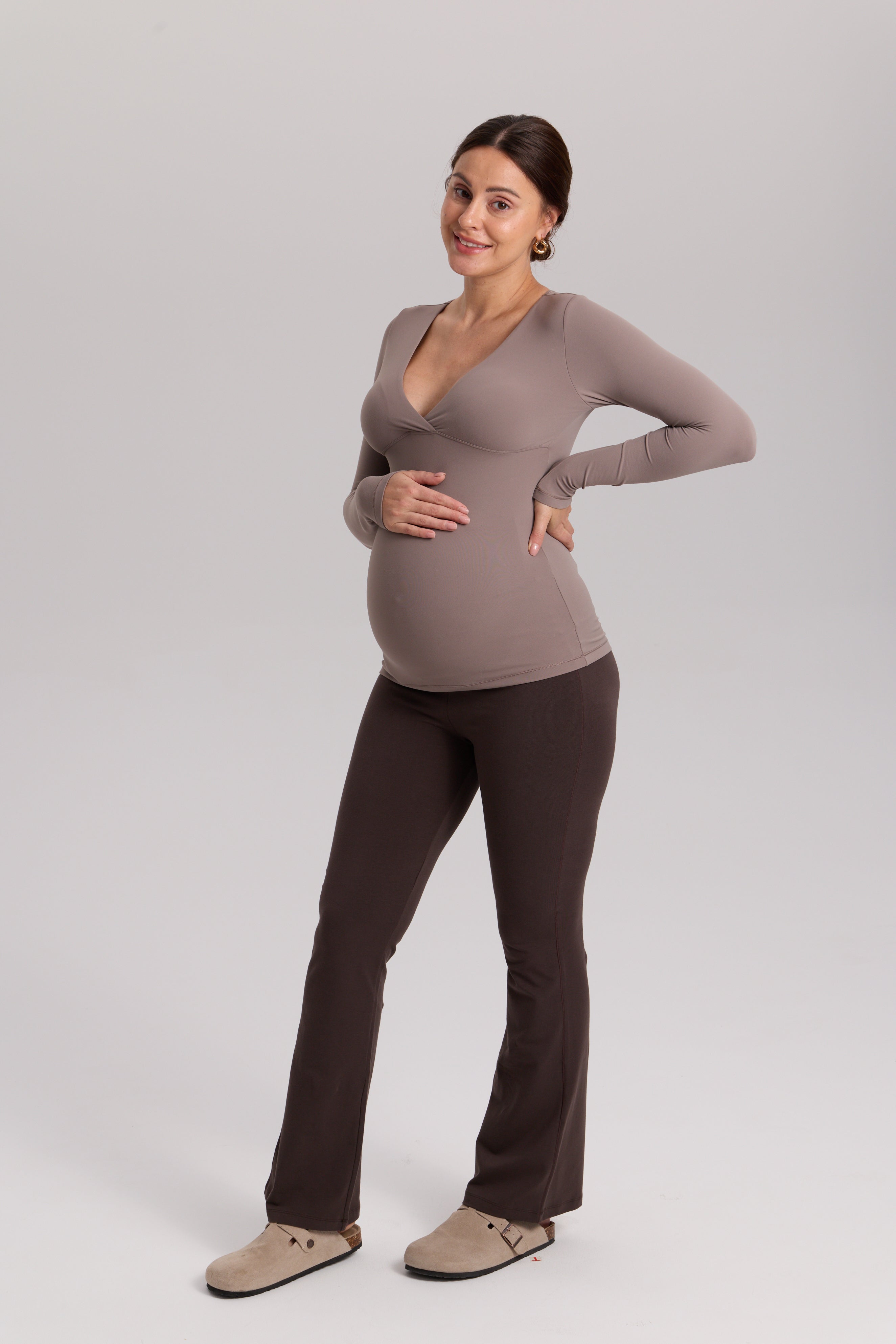 AirSoft Crossover Maternity & Nursing Top - Long Sleeves Khaki Taupe