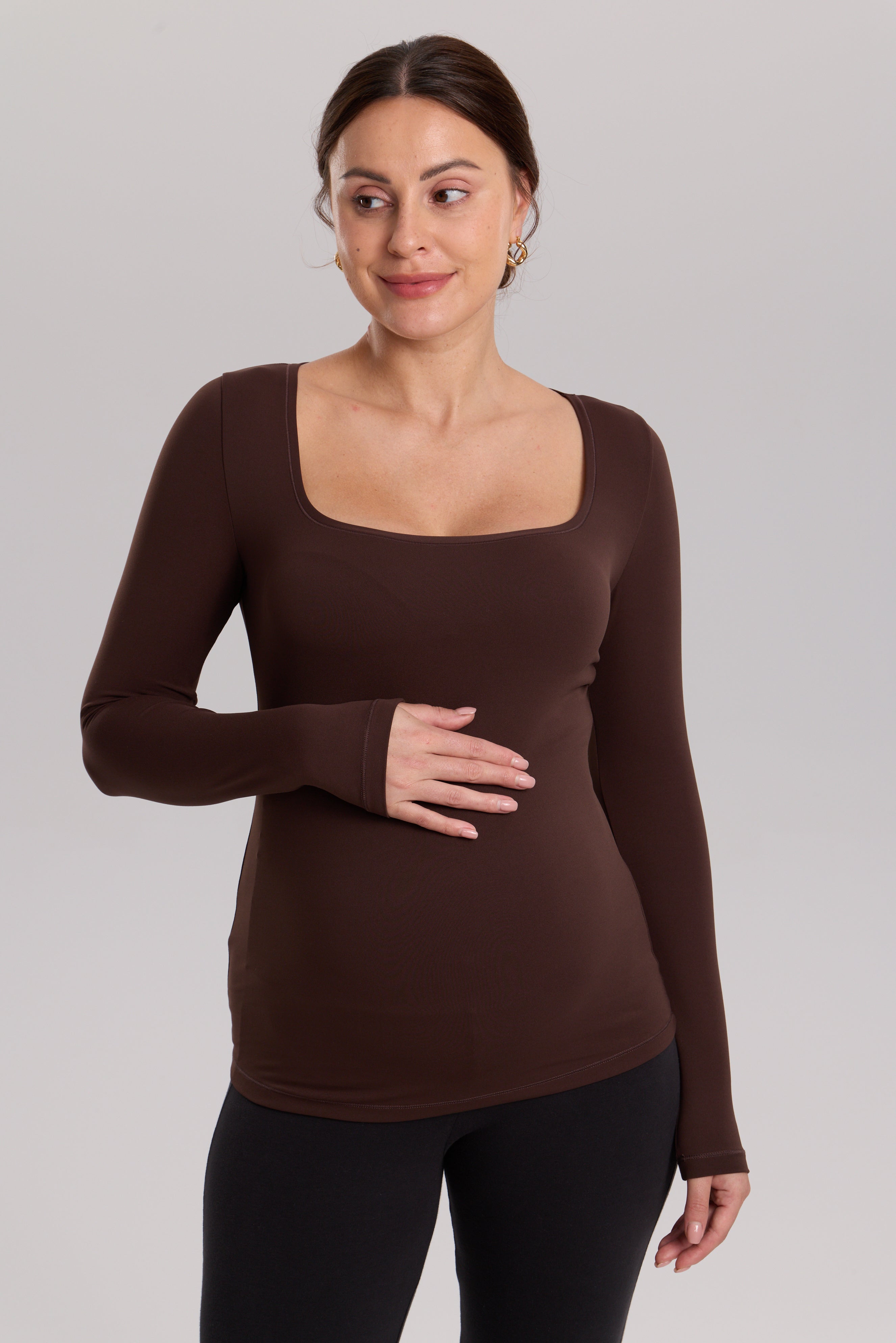 AirSoft Square Neck Maternity Top - Long Sleeves Hot Fudge Brown