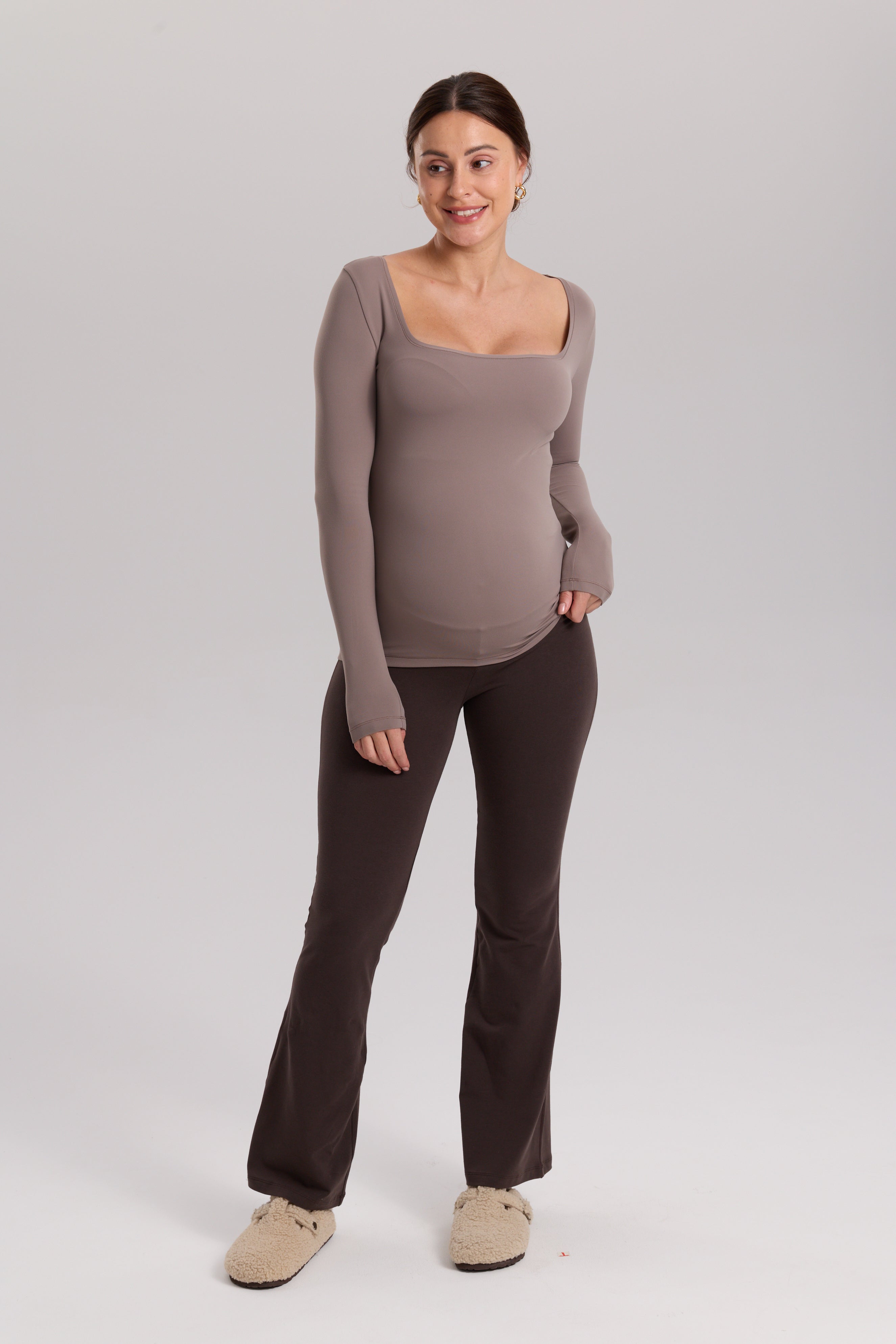AirSoft Square Neck Maternity Top - Long Sleeves Khaki Taupe