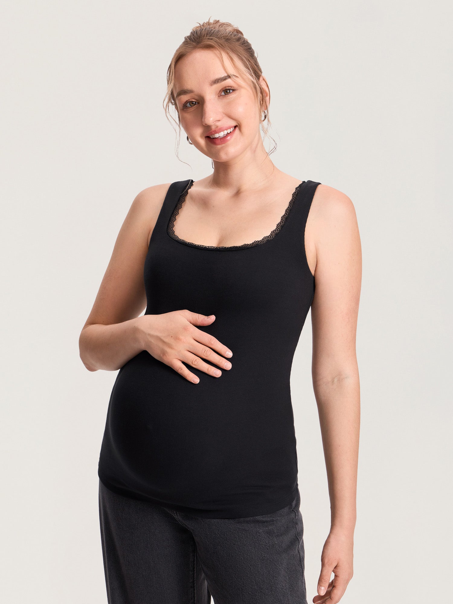 Cotton Rib Lace Trim Maternity Tank Top Black