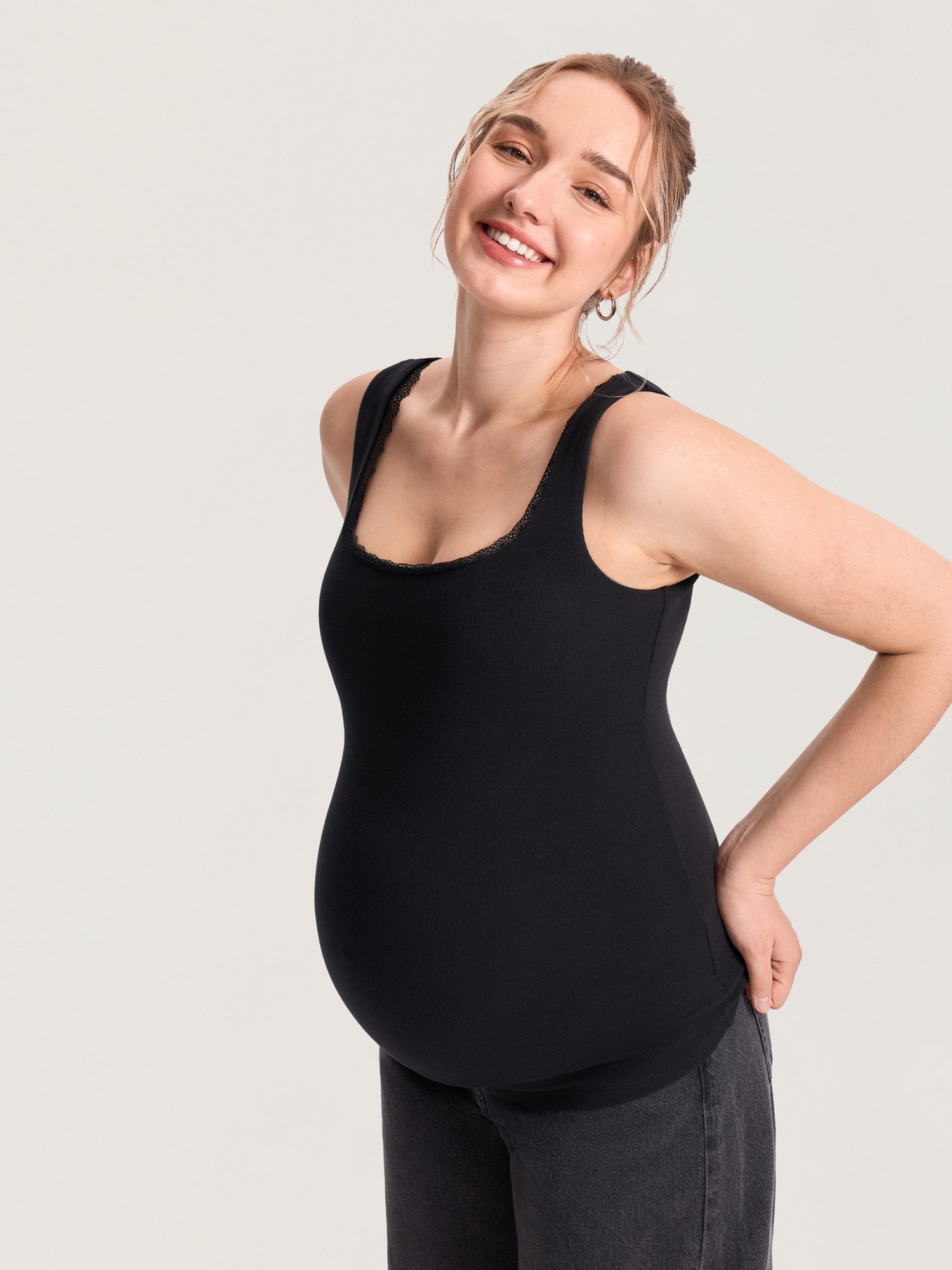 Cotton Rib Lace Trim Maternity Tank Top Black