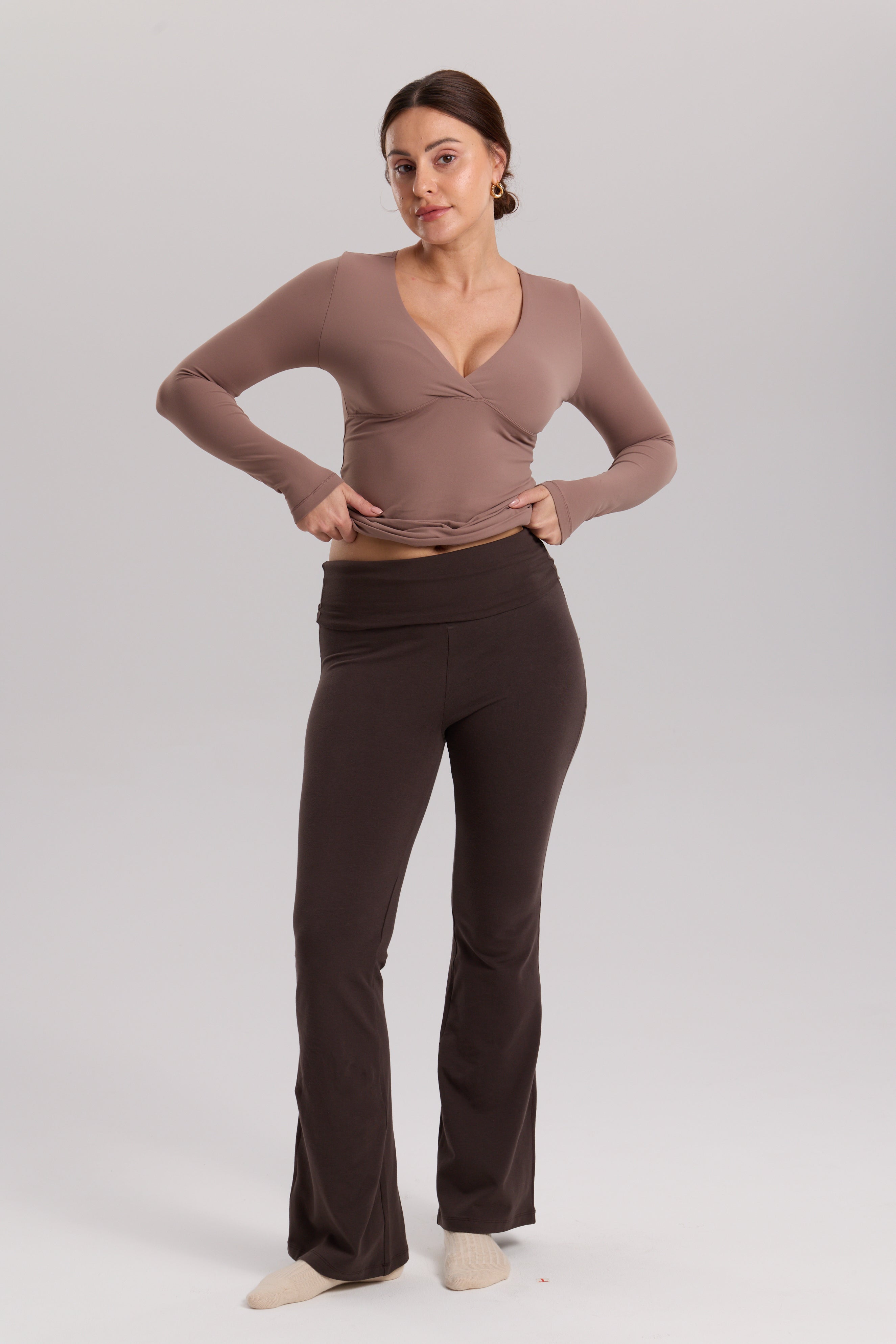 Cotton Foldover Maternity Flare Pants 30.5" Clay Brown