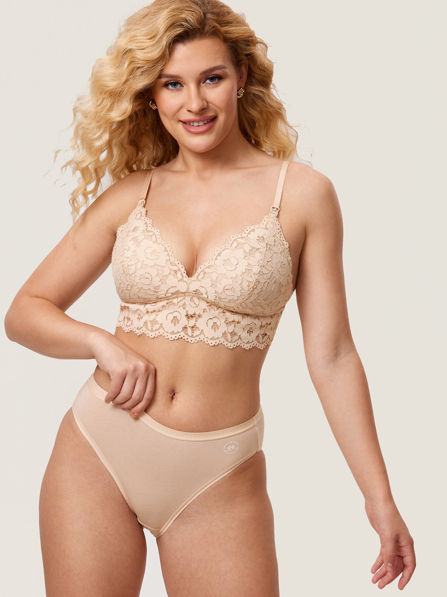 More Coverage Lace Plunge Nursing Bralette Beige