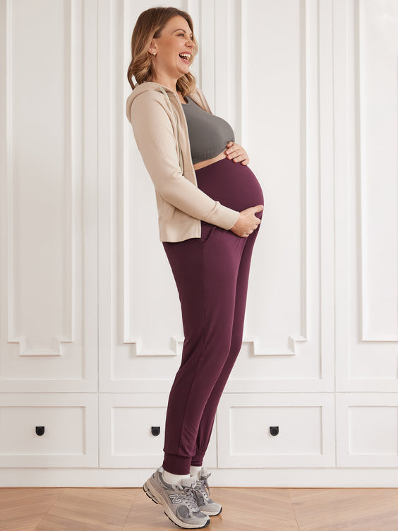 Casual Stretchy Maternity Joggers Burgundy Purple