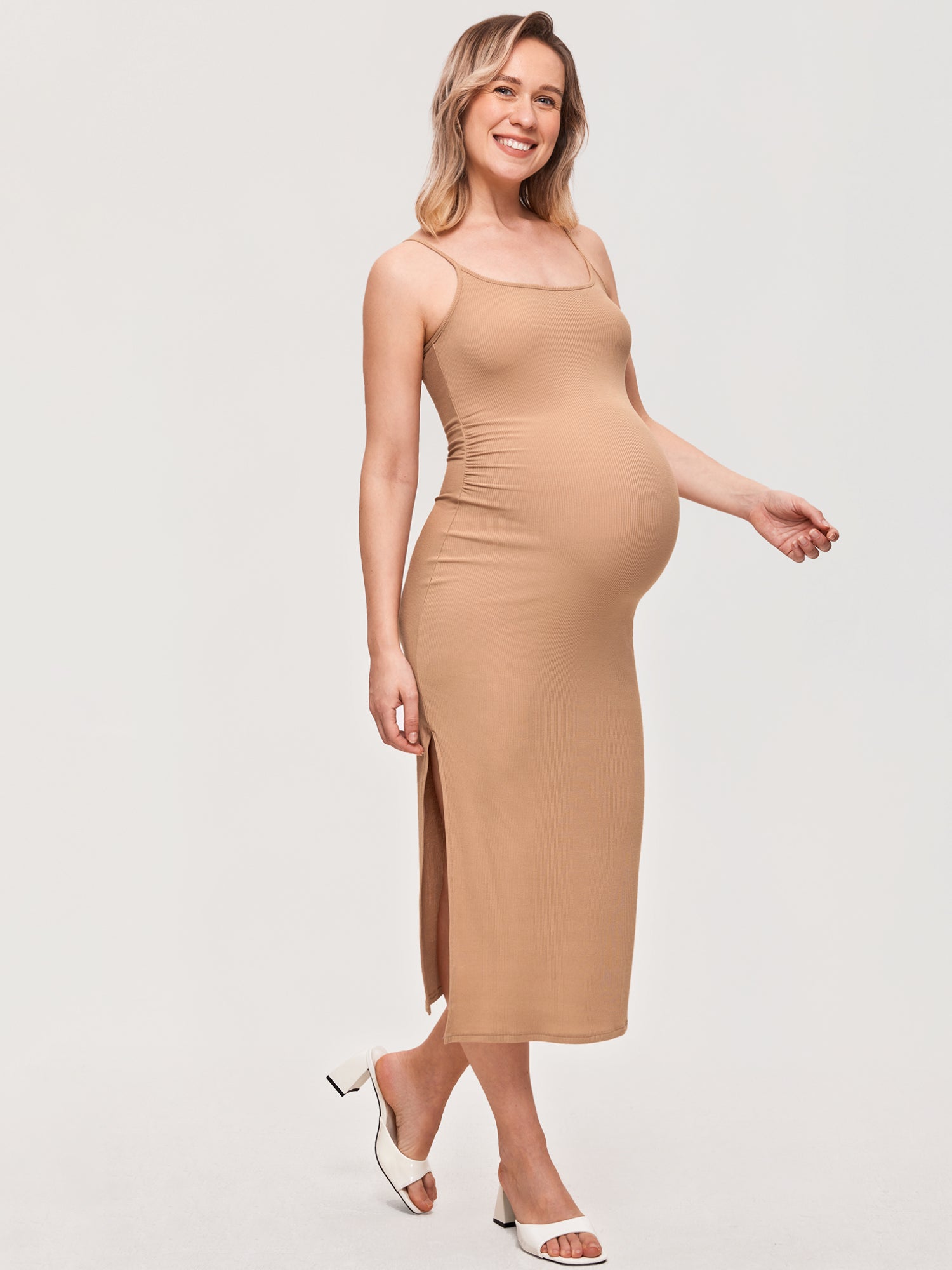 Square Neck Ribbed Maternity Dress / New Wheat / Xs Square Neck Ribbed Maternity Dress / New Wheat / Xs