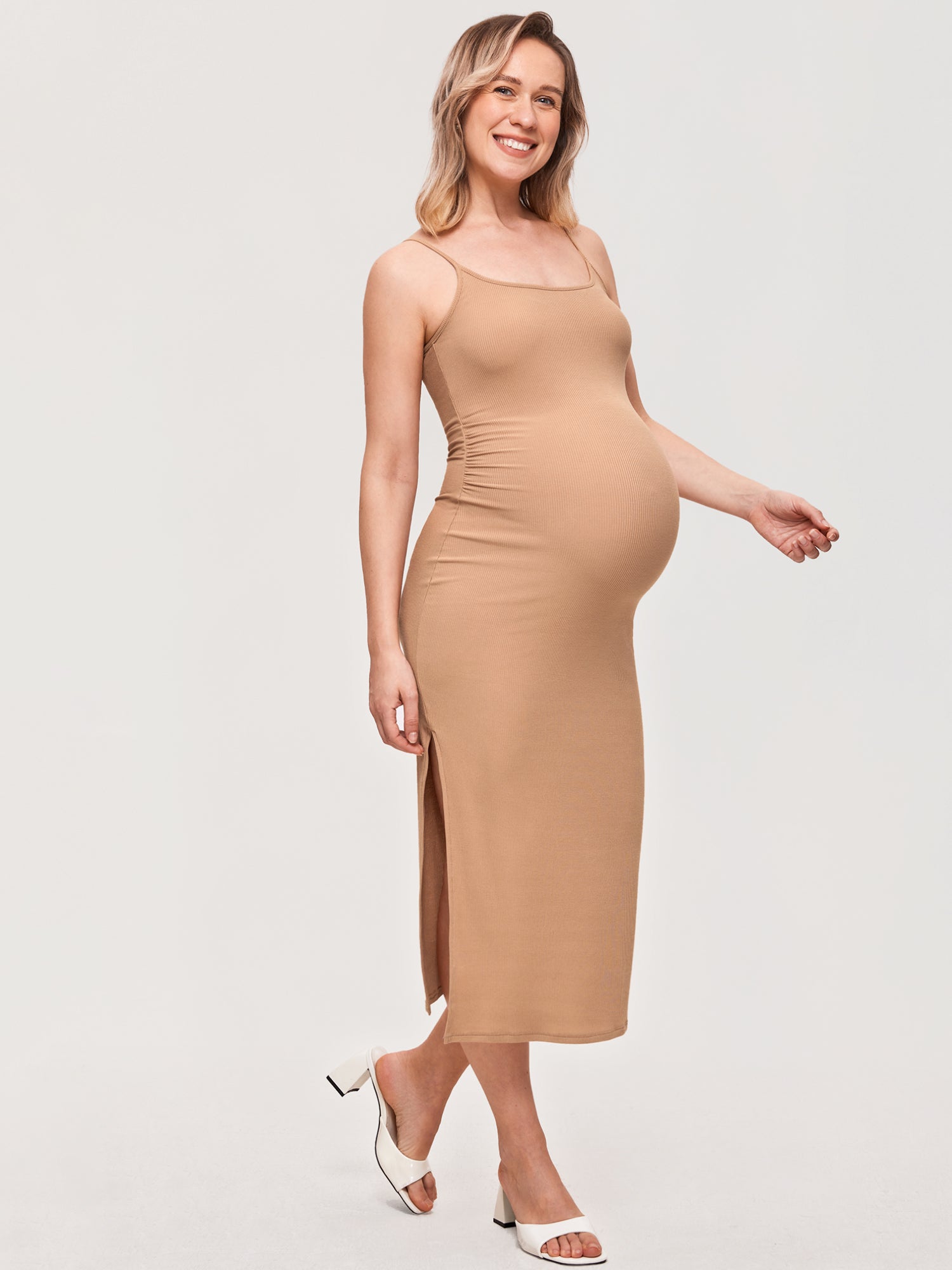 Square Neck Ribbed Maternity Dress New Wheat