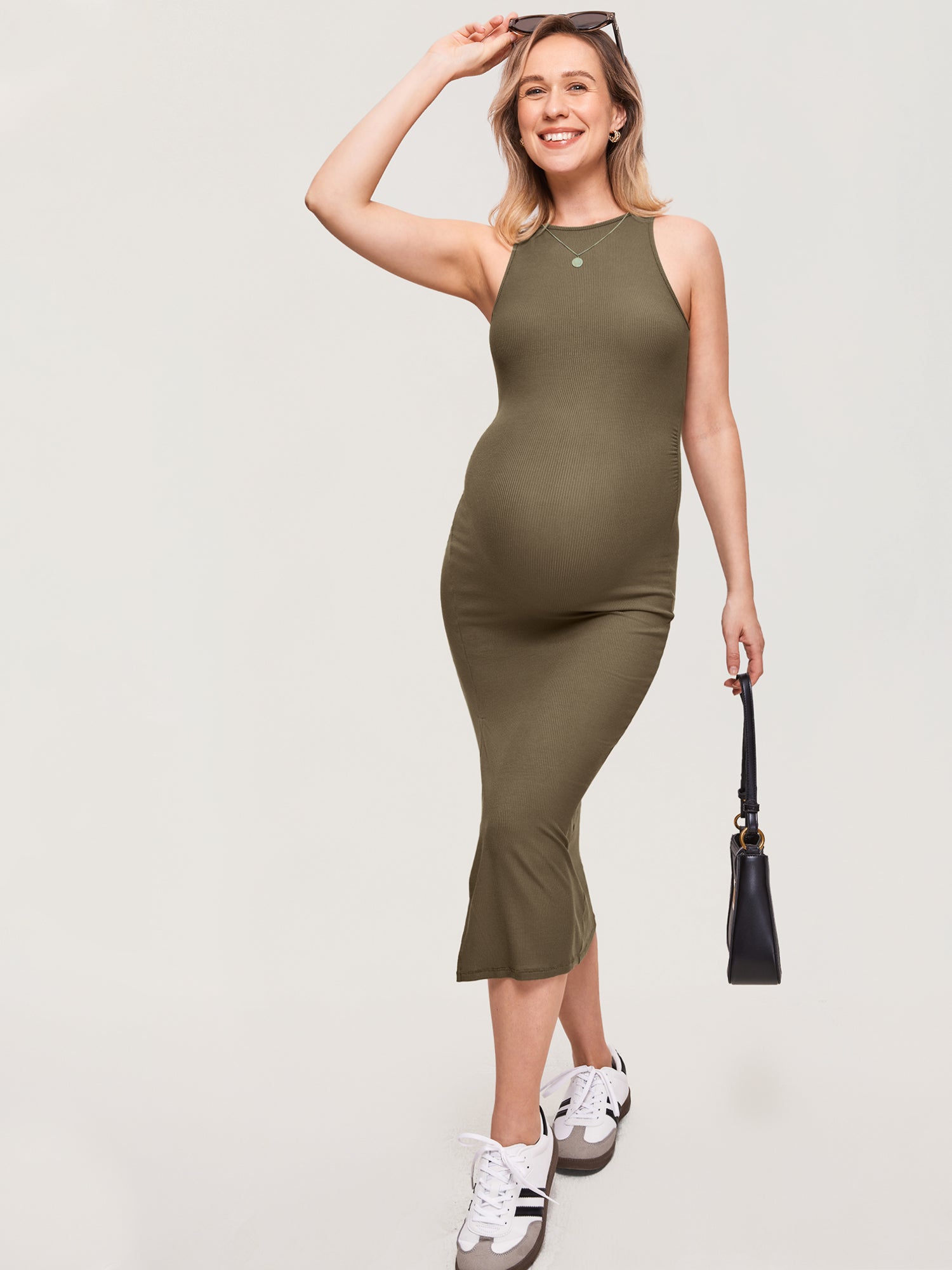 Halter Neck Ribbed Maternity Dress Desert Olive